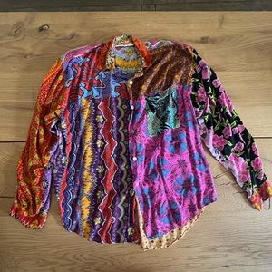 Vintage Patricia Hermann Rayon Mixed Print Floral Abstract Button Front Blouse